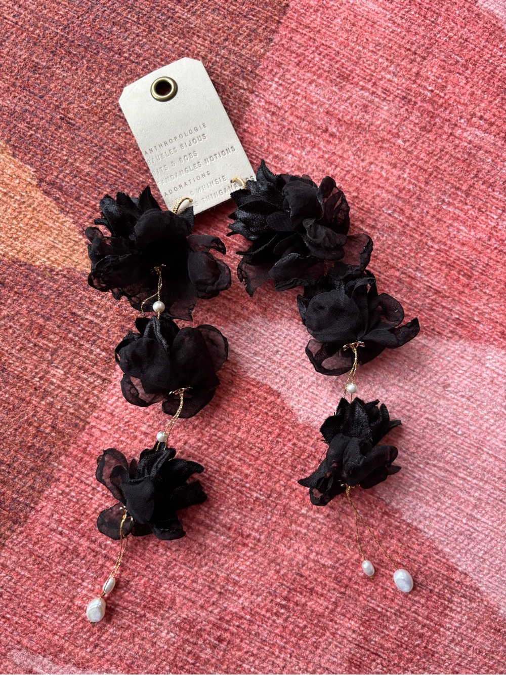 Anthropologie Black Floral Cascade Drop Earrings with Pearls, Gold Hardware